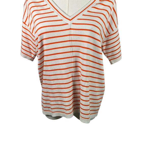 Ann Taylor Orange White Striped V-Neck Sweater Top Size‎ S SP22 Short Sleeve - Picture 1 of 15